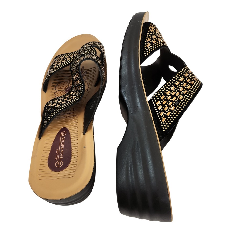 Golden Road Women's Black Gold Rhinestone Wedge Sandals Shoes Size 11 - Picture 7 of 14